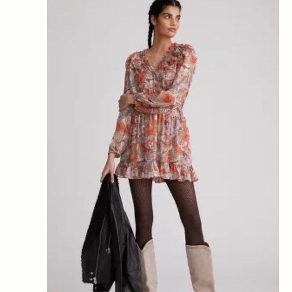 Anthropologie Dresses & Skirts - Anthropologie ruffled floral mini dress .gray/orange floral print . Size M